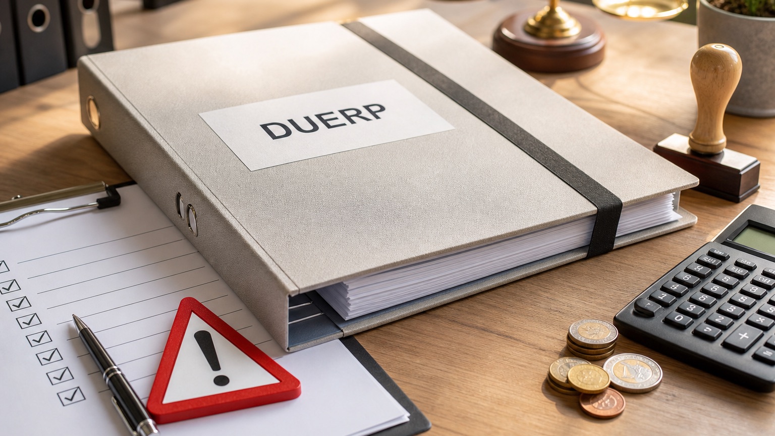 Classeur DUERP, symbole d’alerte, calculatrice et pièces illustrant les sanctions pour absence de document unique