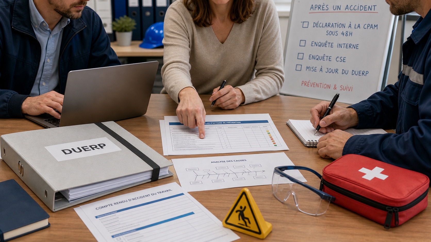 Réunion de prévention après un accident du travail avec dossier DUERP, déclaration, enquête CSE, analyse des causes et trousse de secours