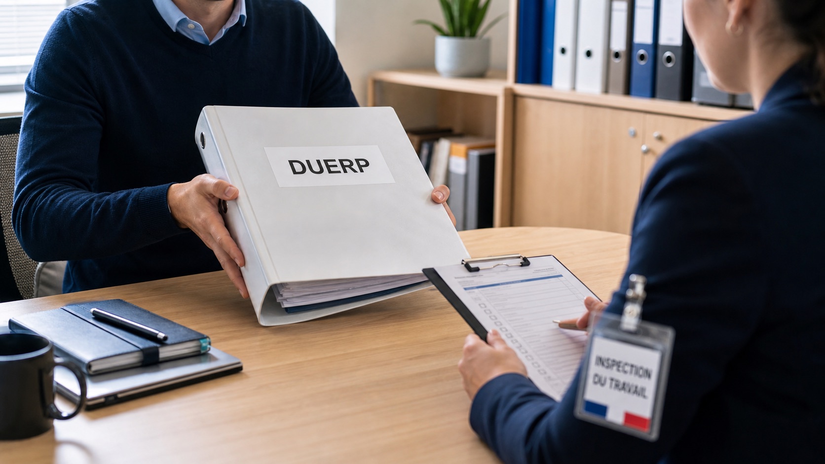 Dirigeant présentant un dossier DUERP à un agent de contrôle lors d’une visite de l’inspection du travail