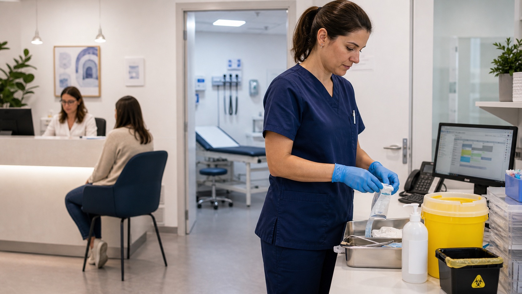 Professionnelle de santé préparant du matériel avec gants, collecteur DASRI et accueil patient dans un cabinet médical