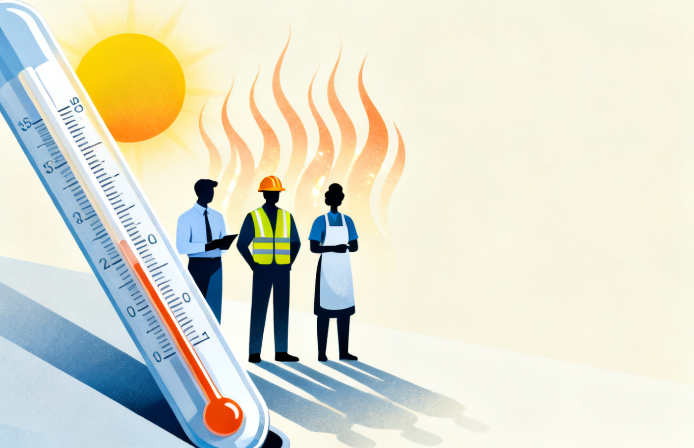 Illustration prévention au travail : thermomètre, soleil intense et silhouettes de salariés (bureau, chantier, hôtellerie) sous des ondes de chaleur — DUERP canicule