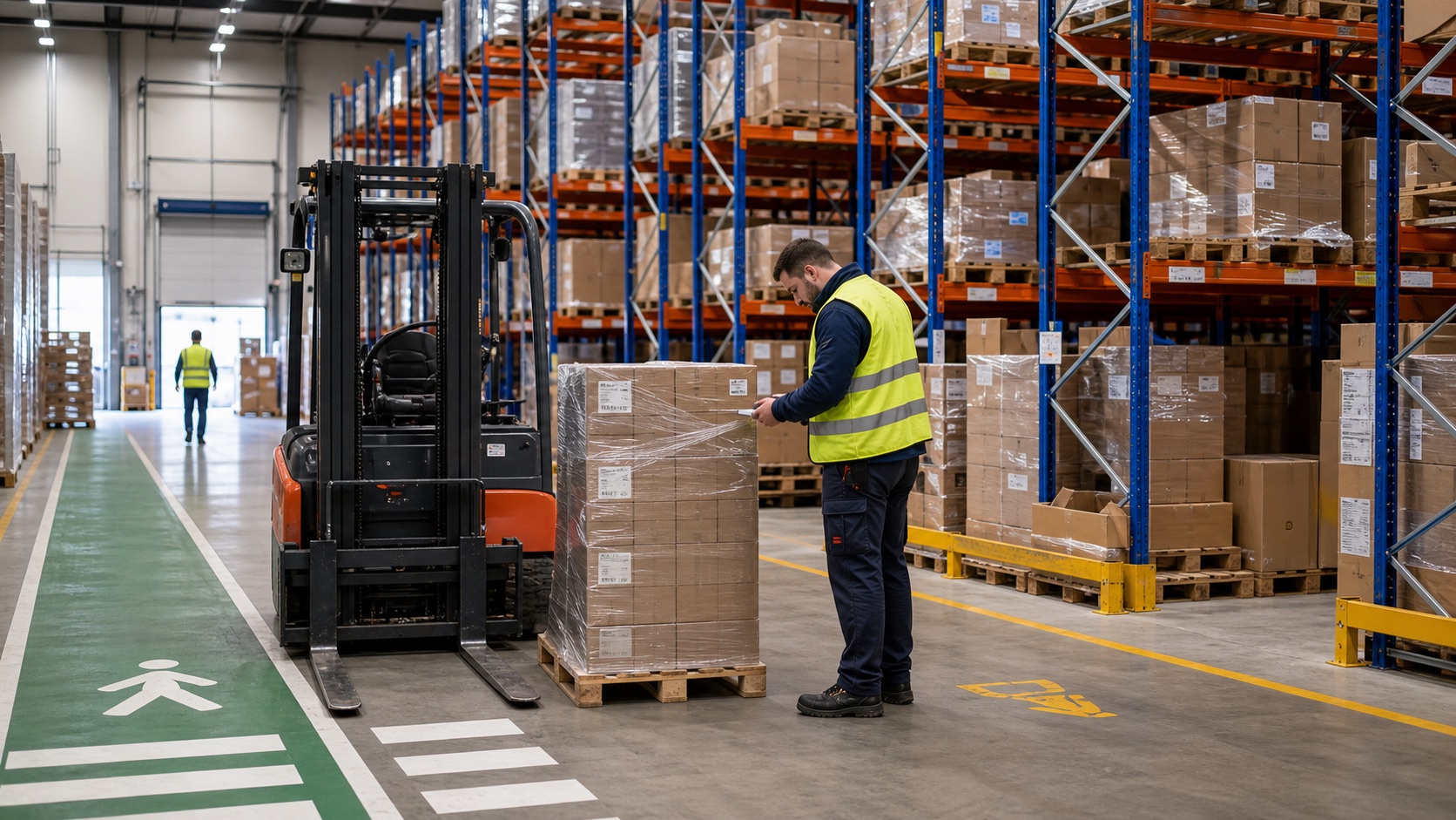 Entrepôt logistique avec chariot élévateur, racks de palettes, marquage piéton et opérateur en gilet haute visibilité