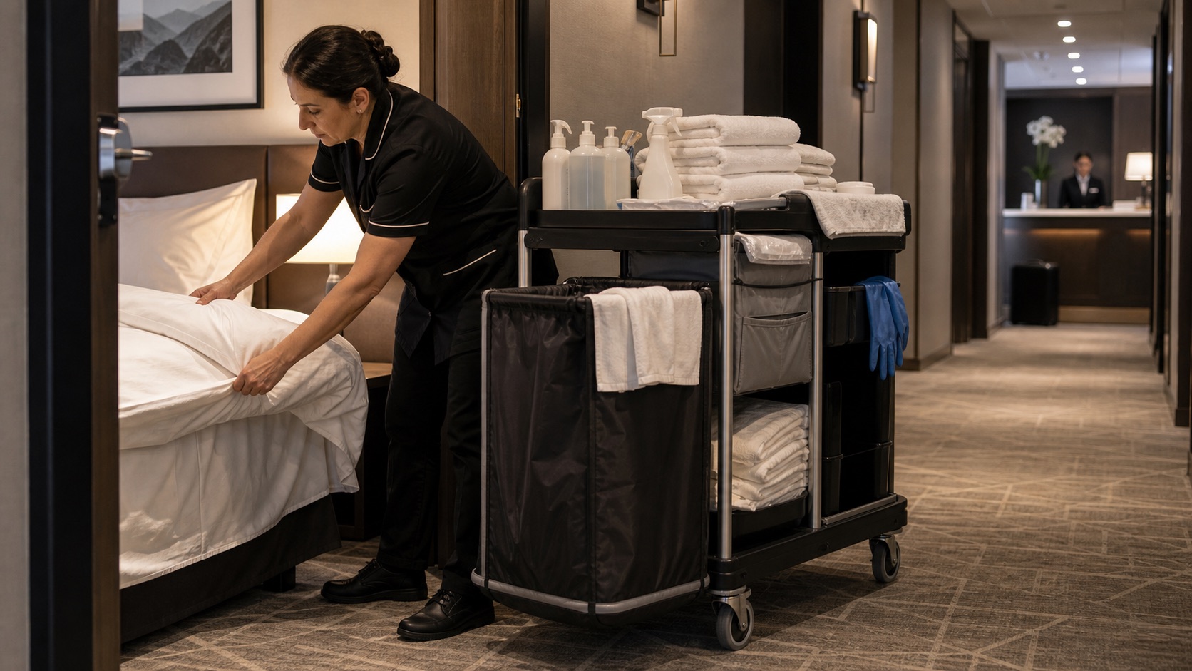 Femme de chambre refaisant un lit avec chariot de linge, serviettes et produits d’entretien dans un couloir d’hôtel