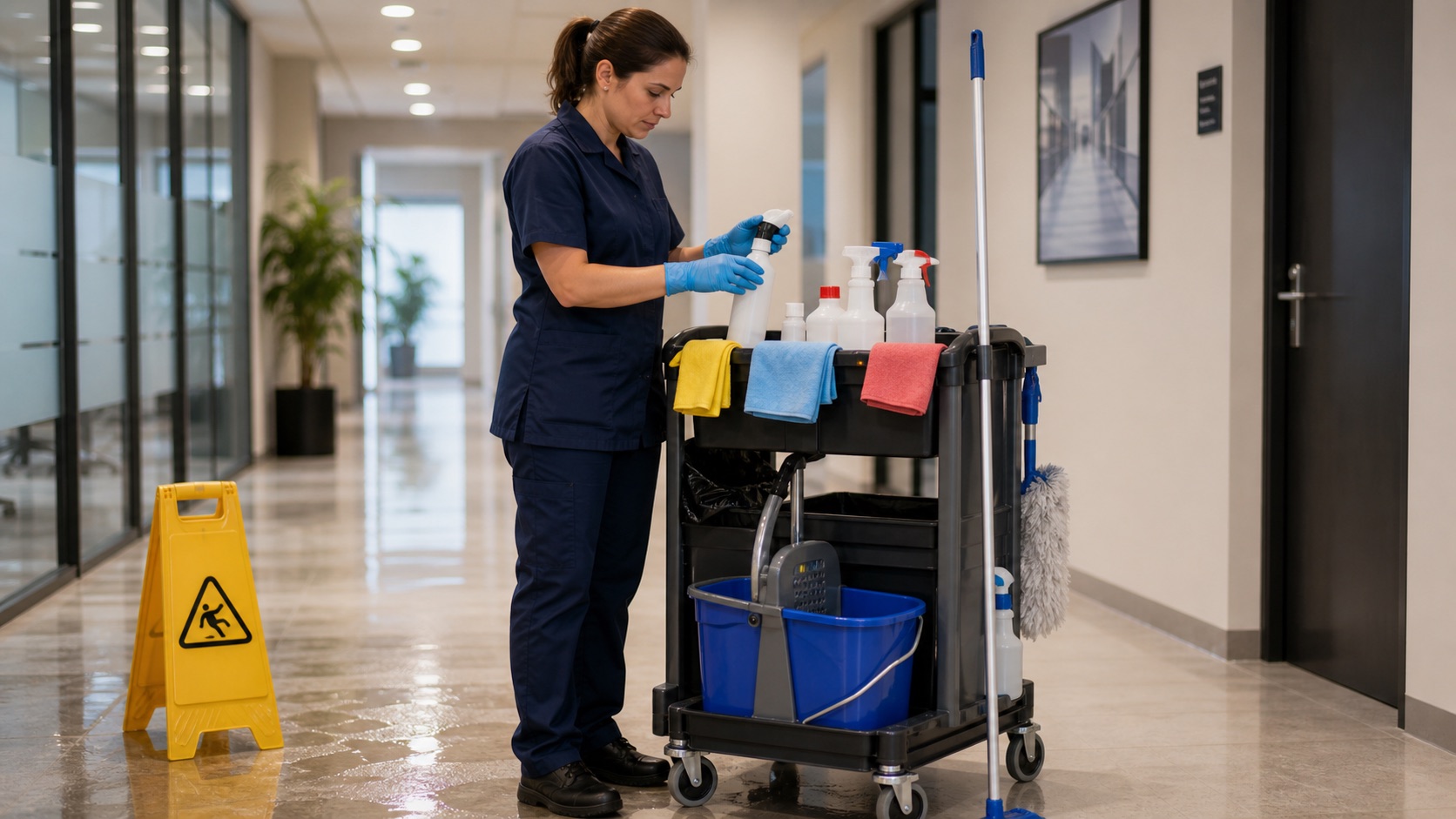 Agent de nettoyage avec gants, chariot de produits chimiques et panneau sol glissant dans un couloir de bureaux