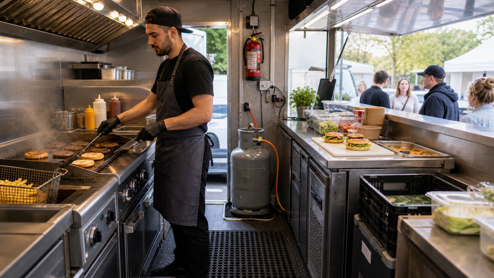 Employé de food truck cuisinant sur plancha avec friteuse, bouteille de gaz, extincteur et service client événementiel