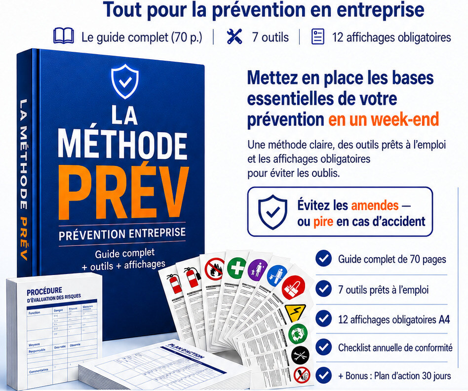 La Méthode PRÉV en aperçu : le guide (70 pages), 7 outils, 12 affichages obligatoires et le bonus Plan d’action 30 jours.